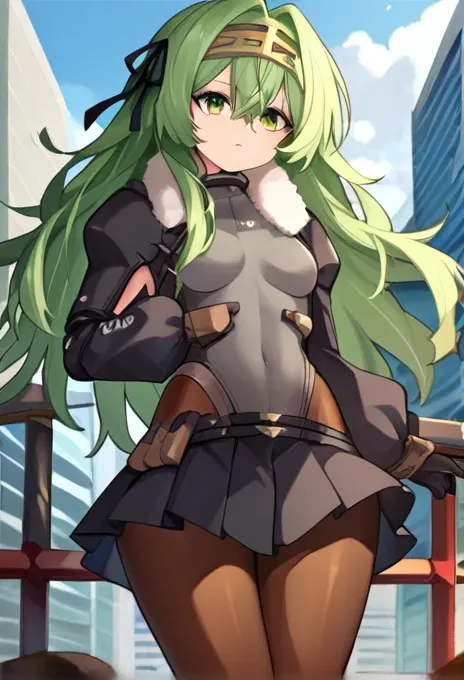 score_9, score_8_superior, score_7_superior, sauce_Anime BREAK 1 Girl, alone, Kilo, Green Eyes, Green Hair, Long Hair, hair band, Black Hair Ribbon, Fur trim, Grey leotard, black sleeves, Long sleeve, Black Skirt, pantyhose, gloves