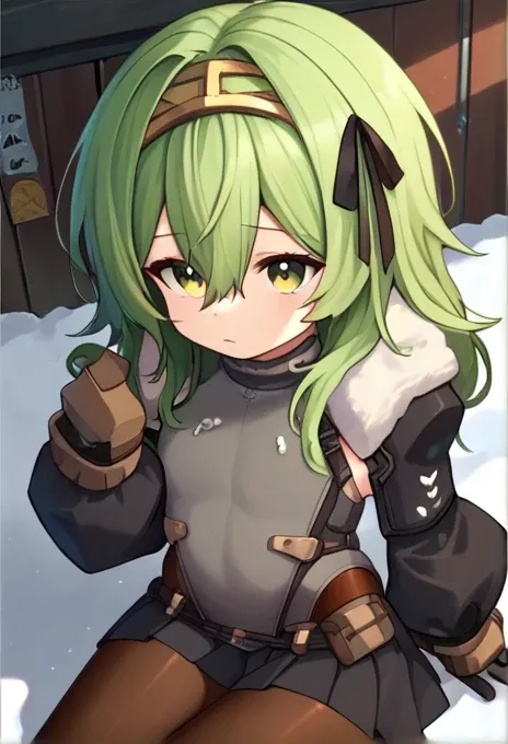 score_9, score_8_superior, score_7_superior, sauce_Anime BREAK 1 Girl, alone, Kilo, Green Eyes, Green Hair, Long Hair, hair band, Black Hair Ribbon, Fur trim, Grey leotard, black sleeves, Long sleeve, Black Skirt, pantyhose, gloves