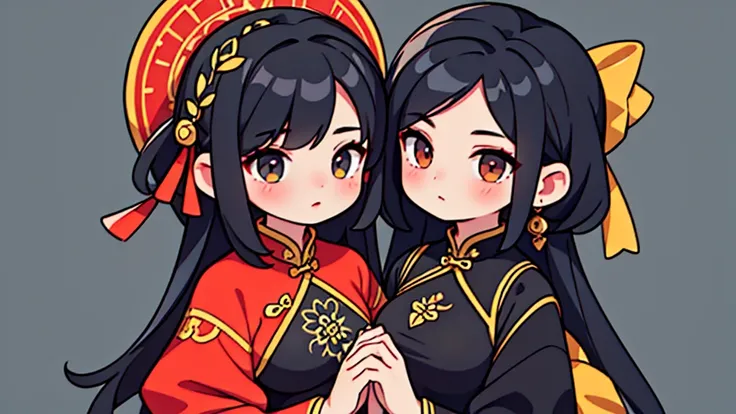 (Masterpiece,Highest quality),(Maximum details),2 girls ,black hair, black cheongsam,Mother&#39;s Day,อาหารบนโต๊ะ Mother day