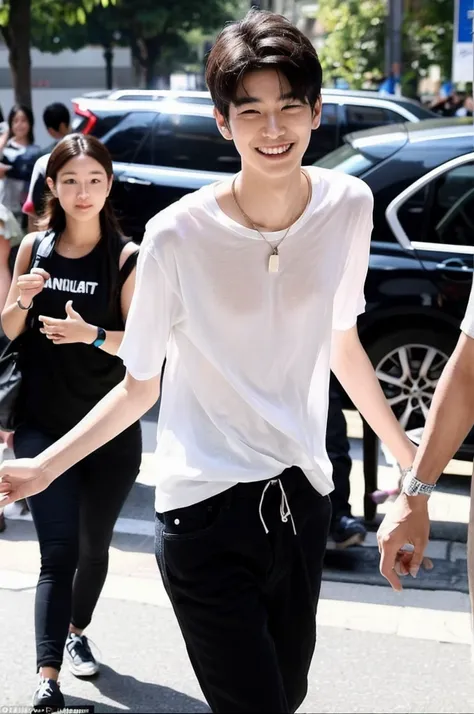 A Korean boy. Slim and tall with an athletic figure. He has strikingly fluid movements and a radiant smile. He is photographed by paparazzi. ￼