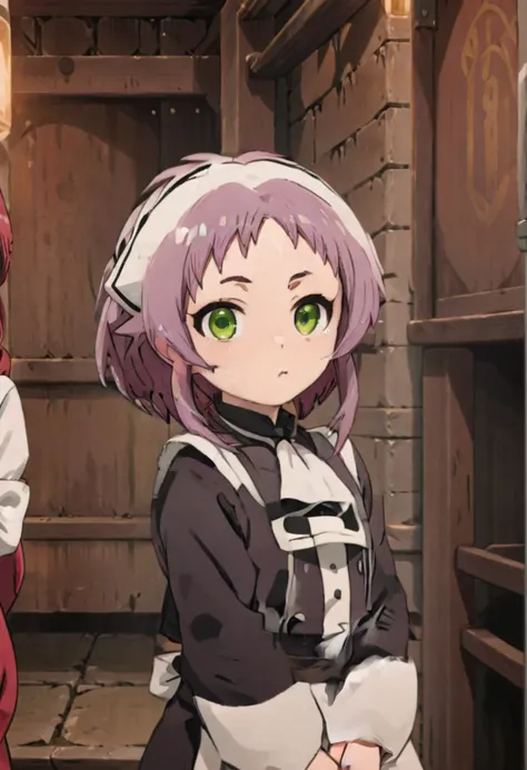 NSFW，1 8-year-old girl, (Aisha Greyrat), Standing in a medieval tavern and looking at the viewer,  Her face is fine and smooth, Her eyes are super small, masterpiece,
Long sleeve, dress, Green Eyes, Redhead, hair band, apron, Maid, white hair band, skirt l...