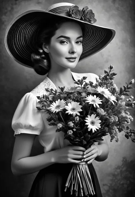 (highest quality,4K,8k,High resolution,masterpiece:1.2),Very detailed,(Realistic,photoRealistic,photo-Realistic:1.37),Black and White,Grainy,High Contrast,Vintage Style,Retro feel,Dark Background,Bright flowers,Beautiful woman with a bouquet and a vintage ...