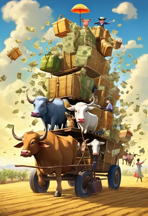 there is an ox pulling a cart with hanging suitcases full of money with people riding on it, by rafael ritz, by robert combas, p...