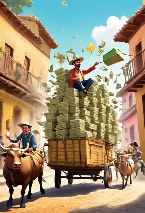 there is an ox pulling a cart with hanging suitcases full of money with people riding on it, by rafael ritz, by robert combas, p...