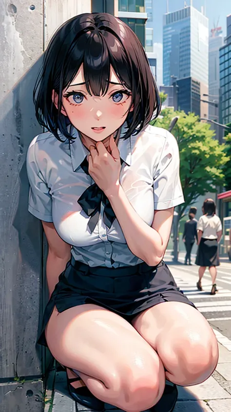 office Street,Skyscrapers in the background,blue sky,Kneel,masterpiece,quality,High resolution,高quality,Realistic,short hair,skirt,business suit,whole body,Bangs,Ahegao,Big eyes,Embarrassed face,White collared shirt,Leaning against a wall,Fair skin,Thighs,...