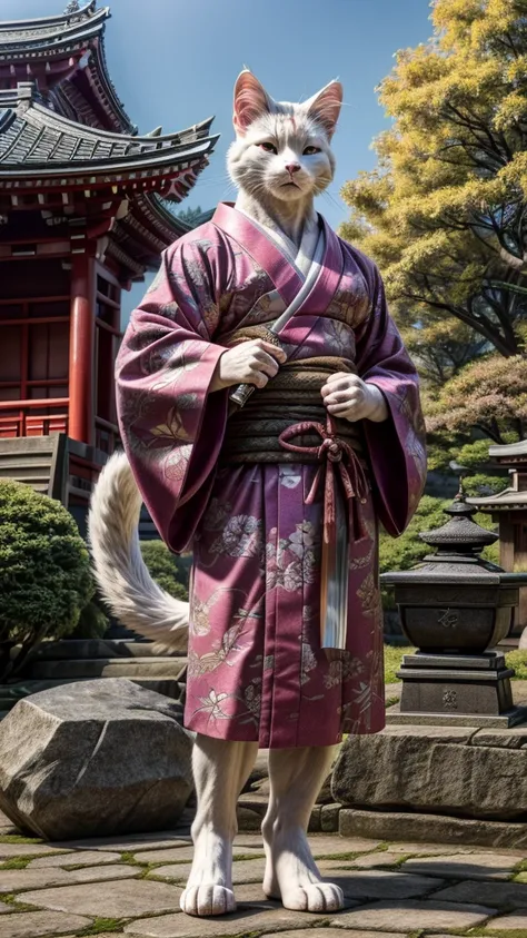 (((8k))), (((High resolution))),((Highest quality)),A white cat wearing a kimono,muscle,Bipedal,upright,Short,3 heads,Serious face,samurai,knife,Shrine garden,SakuraFubuki,Ultra-realistic,8k,Ultra-fine,Super detailed