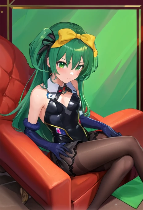 score_9, score_8_superior, score_7_superior, sauce_Anime BREAK 1 Girl, alone, Kilo, Green Eyes, Green Hair, Long Hair, hair band, Black Hair Ribbon, Fur trim, Grey leotard, black sleeves, Long sleeve, Black Skirt, pantyhose, gloves