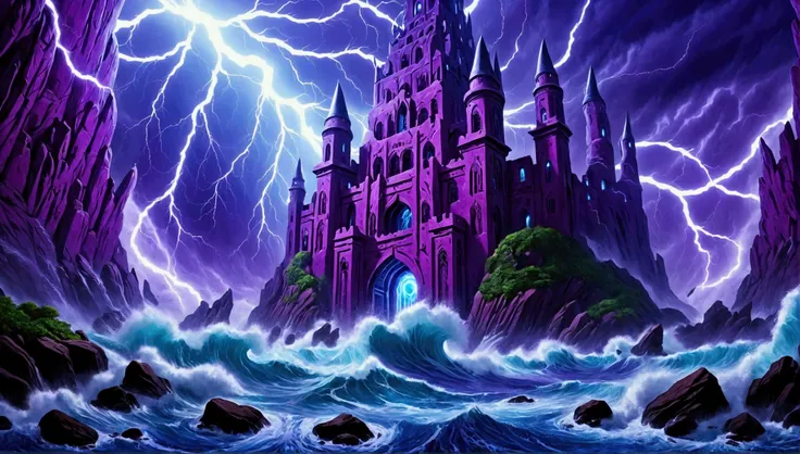 (mysterious eerie citadel with intricate architecture:1.2) on rocks of tropical island))), crushing waves, purple-blue (otherwor...