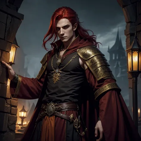 Male, medieval, fantasy, d&d, lord vampire, young, handsome, shoulder length red hair, yellow eyes, monk clothes, half-up hairstyle, dark, night, scary