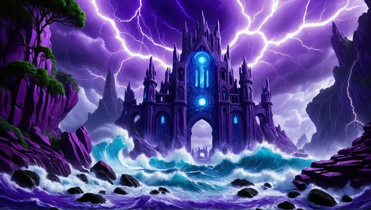 (mysterious eerie citadel with intricate architecture:1.2) on rocks of tropical island))), crushing waves, purple-blue (otherwor...