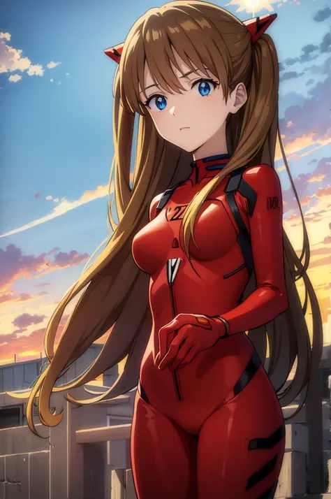 asukalangley, asuka langley soryu, (souryuu asuka langley:1.2), long hair, bangs, blue eyes, brown hair, hair ornament, BREAK bodysuit, pilot suit, plugsuit, (red bodysuit:1.5), interface headset, BREAK outdoors, city, sky, clouds, sun, BREAK looking at vi...