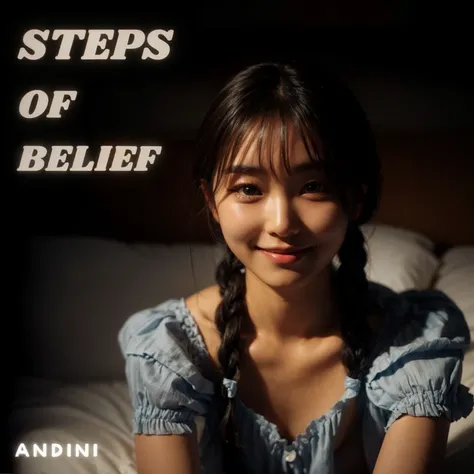 close up A young Korean woman in a dress sits on a bed, propped up, smiling at the camera. Her hair is styled in two braids with bangs. The dim lighting creates a calm bedroom atmosphere, with the spotlight focused on her. The shot is vivid and captures th...