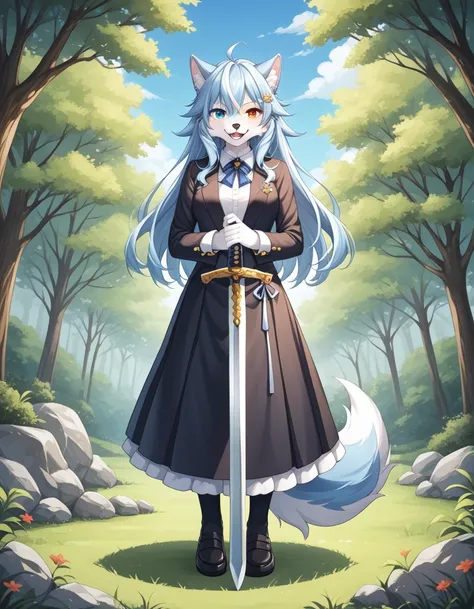 毛茸茸of, fraction_of, pushrod, wolf, 独自of, 1furry , 毛茸茸of, blue and white, sword, tail, 可爱of, 短of, heterochromia, cartoon, flat co...