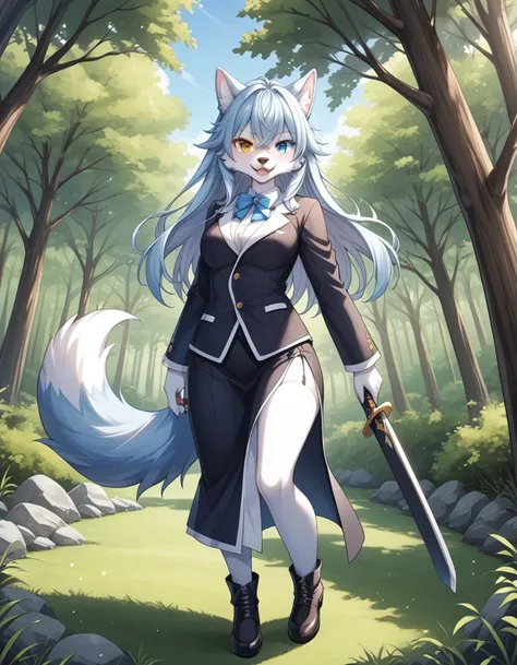 毛茸茸of, fraction_of, pushrod, wolf, 独自of, 1furry , 毛茸茸of, blue and white, sword, tail, 可爱of, 短of, heterochromia, cartoon, flat co...