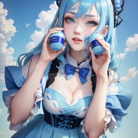 araffe girl with blue hair and a blue dress talking on a cell phone, anime girl cosplay, anime cosplay, 中 元 节, shikamimi, pastel blue, , belle delphine, pale blue skin, cosplay, pale blue, pale milky white porcelain skin, sakimichan, kanliu666, 8k))