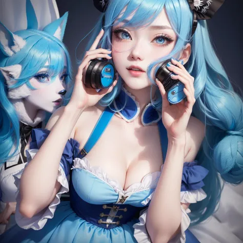 araffe girl with blue hair and a blue dress talking on a cell phone, anime girl cosplay, anime cosplay, 中 元 节, shikamimi, pastel blue, , belle delphine, pale blue skin, cosplay, pale blue, pale milky white porcelain skin, sakimichan, kanliu666, 8k))