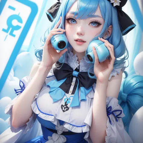 araffe girl with blue hair and a blue dress talking on a cell phone, anime girl cosplay, anime cosplay, 中 元 节, shikamimi, pastel blue, , belle delphine, pale blue skin, cosplay, pale blue, pale milky white porcelain skin, sakimichan, kanliu666, 8k))