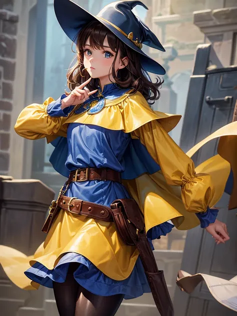 high resolution、high quality、masterpiece、detailed、1 female、Brown Hair、Medium Hair、Outward curl、A blue pointed hat with a brim、Blue collar、((Yellow smock))、Roll up your sleeves to your shoulders、Leather belt at waist、black tights、Leather boots、Blue Cape、