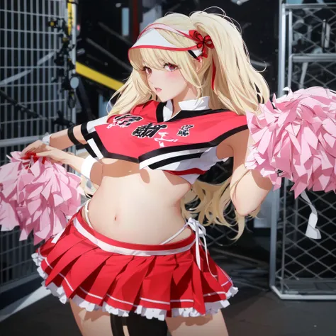 Blonde woman in cheerleading uniform posing for camera, anime girl role play, anime role play, role player, ayaka role play, role play, role play photo, role player dressed like a crab, 《Persona 5》High-curled apricots, Junko Enoshima, Sakimi Chen, publicit...