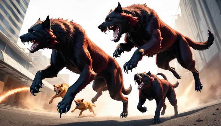 Realistic photos, RAW Photos, Cerberus, attacks viewer, Powerful movements, jump on prey, ((Dynamic jump)), Sharp Claws, Cerberus approaching from above, sudden approach, Bad-tempered, dynamic Shot from grand