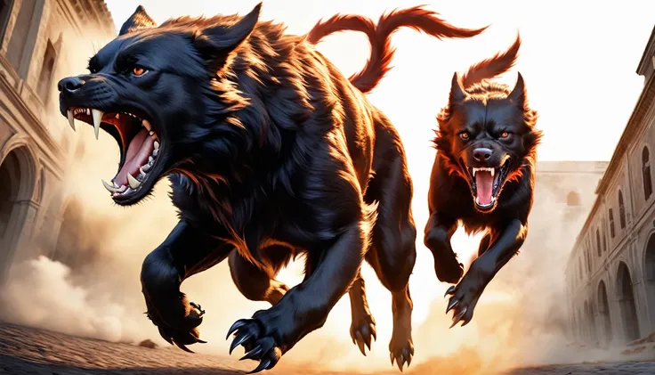 Realistic photos, RAW Photos, Cerberus, attacks viewer, Powerful movements, jump on prey, ((Dynamic jump)), Sharp Claws, Cerberus approaching from above, sudden approach, Bad-tempered, dynamic Shot from grand