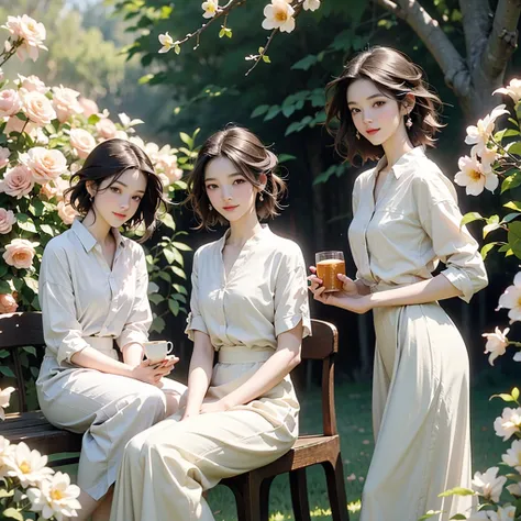 (Highest quality、masterpiece、High resolution)、(Sargent-style watercolor)、(Anime Art)、Soft Light、Cotswolds view、Old farmhouse、Flowers Bloom、(Three Women)、Medium Short Hair、Dark brown hair、Braided hair、White blouse and long skirt、picnic、table、Tea set、drink t...