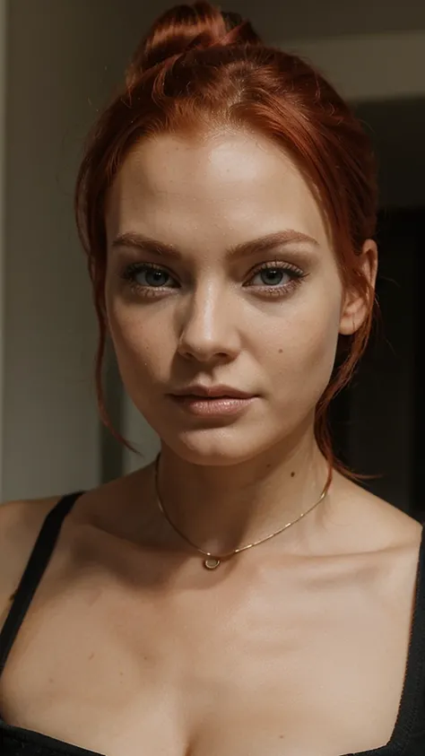 Sexy woman, redhead, evil face, ponytail 