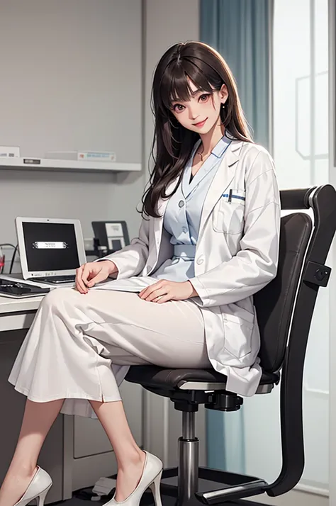 Doctor, 1 woman, solo, sitting (Looking at the audience), (white lab coat:1.5), long skirt ,Stylish clothes mature woman /(dark brown hair/) Bangs, smiling kindly (The best quality masterpiece:1.2) , Delicate illustrations, Special details, (hospital exami...