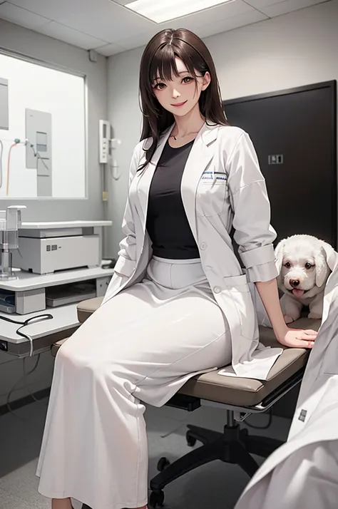 Doctor, 1 woman, solo, sitting (Looking at the audience), (white lab coat:1.5), long skirt ,Stylish clothes mature woman /(dark brown hair/) Bangs, smiling kindly (The best quality masterpiece:1.2) , Delicate illustrations, Special details, (hospital exami...