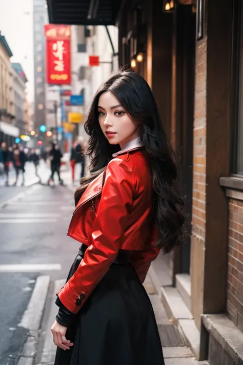 a beautiful young woman with long,flowing black hair standing in a city street, her arms behind her back, wearing a long black skirt and a red coat, with highly detailed and realistic facial features, masterpiece, 8k, photorealistic, professional, vivid co...