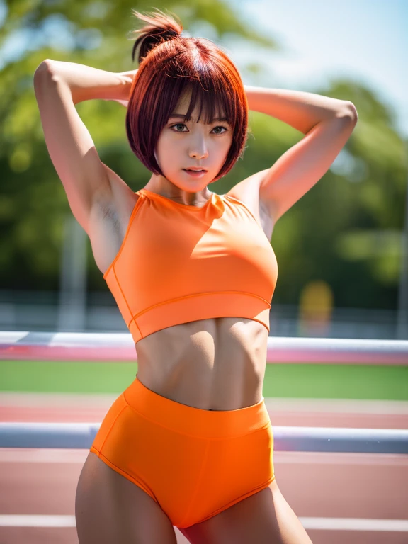 Best quality 8k resolution Ultra detailed Bright neon orange competition sportswear Serious facial expression Cute girl Abs Arms up Very short hair High waisted tights Flat chest Japanese Sharp focus Track and field club Very short hair 27 years old Sweati...