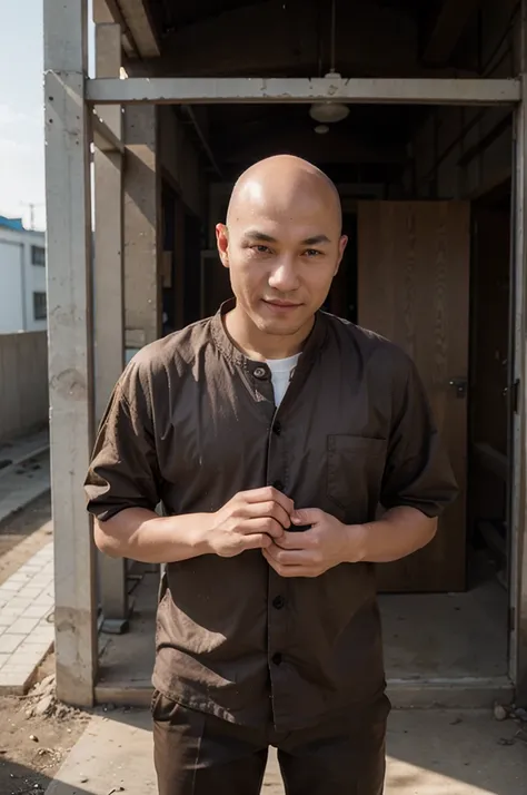 bald buryat man, building, wearing work uniform, brown eyes, smirk