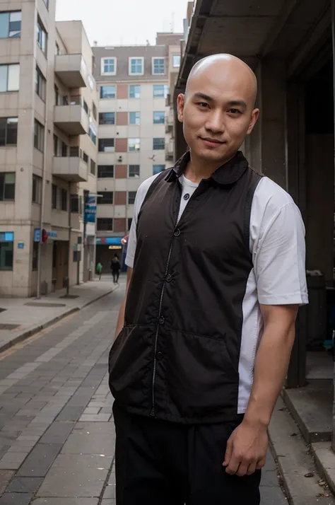 bald buryat man, building, wearing work uniform, brown eyes, smirk