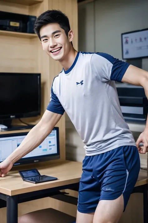 Korean man, Inspiration from Peng Yuyan, 23 years old, Korean muscular man ，The computer room is in the back, tight sports t-shirts, navy blue., open mouth smile