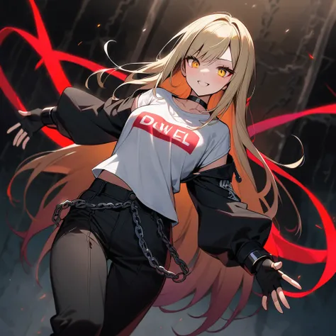 (well done: 1) woman, long straight pale blonde hair with a red streak, yellow eyes, black choker, loose long-sleeved white t-shirt, black fingerless gloves, black pants with some chains around them, black boots.