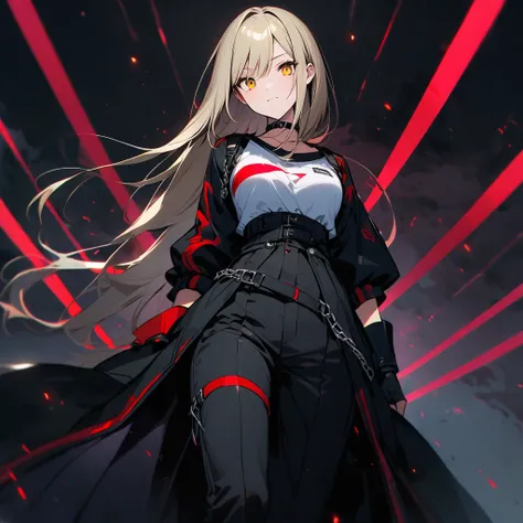 (well done: 1) woman, long straight pale blonde hair with a red streak, yellow eyes, black choker, loose long-sleeved white t-shirt, black fingerless gloves, black pants with some chains around them, black boots.