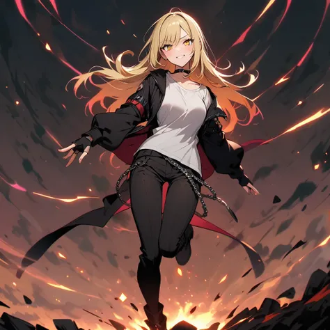 (well done: 1) woman, long straight pale blonde hair with a red streak, yellow eyes, black choker, loose long-sleeved white t-shirt, black fingerless gloves, black pants with some chains around them, black boots.