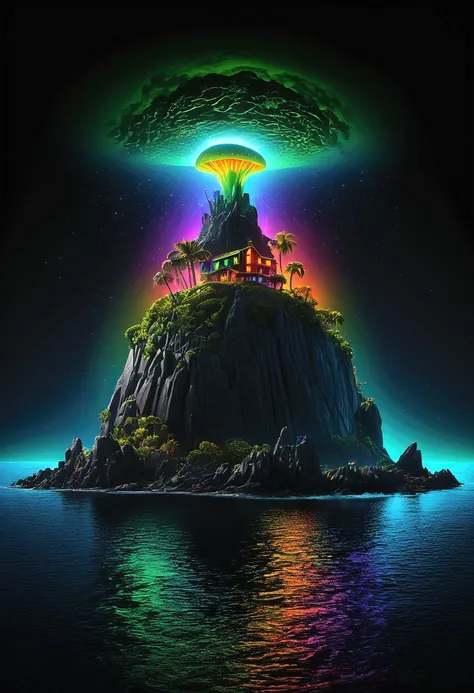 Stunning illustration of (Mysterious Island), glowing in the dark with colorful multicolor light, centered on a black background, in the style of pop surrealist artist, fine art, award-winning, cinematic still, emotional, vignette, dynamic, vivid, (masterp...