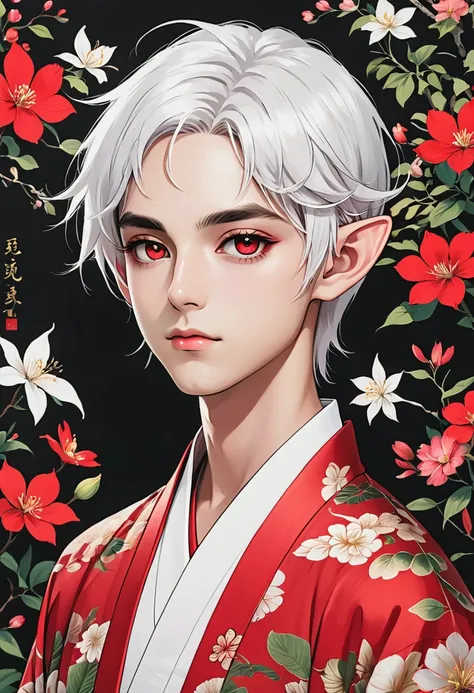 Japanese Anime，Gothic Art，(((1 Boy，独奏，third eye on the forehead，Dark eyeshadow.Middle-parted white hair-super short hair，Elf ears))),(((Gorgeous Japanese red kimono：1.6，Eye Diagram，Dark Pattern))).(((Thin waist，Greenbelt：1.37)))