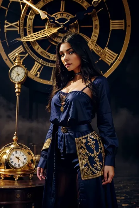 Gypsy woman beautiful dark blue outfit together with golden magic clock Roman numerals in front of a giant castle clock with fog