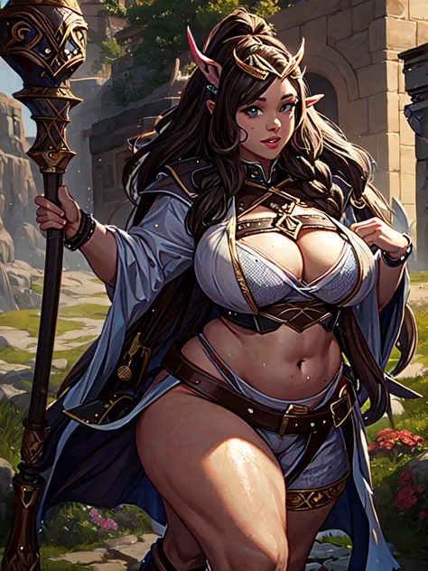 A stunning beauty voluptuous female dwarf from the Tolkiens "The Lord of The Rings", short pointed ears, height about 150 cm. Wearing a white dirty shirt and brown jumpsuit, also a googles on her head, holding a big hammer. A rock mountain in the backgroun...