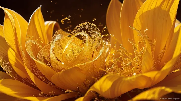 Create a intricate image showcasing elaborate yellow and orange flowers with honey petal textures, surrounded by intricate golden dust drifting in the air. Capture the honey beauty of yellow and orange blooms, their magical petals spiraling amidst a drifti...