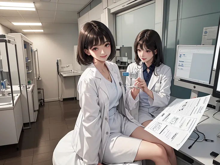 Doctor, 1 woman, solo, sitting (Looking at the audience), (white lab coat:1.5), long skirt ,Stylish clothes mature woman /(dark brown hair/) Bangs, smiling kindly (The best quality masterpiece:1.2) , Delicate illustrations, Special details, (hospital exami...