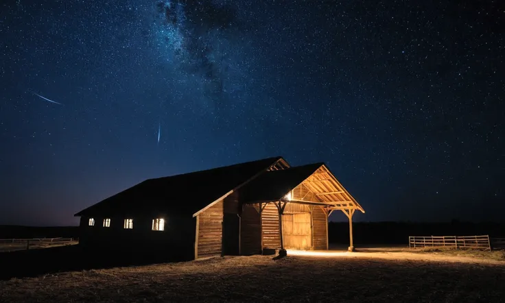 Night Scene with Star in the Sky: A wide view of the stable scene at night, with the star shining brightly above.