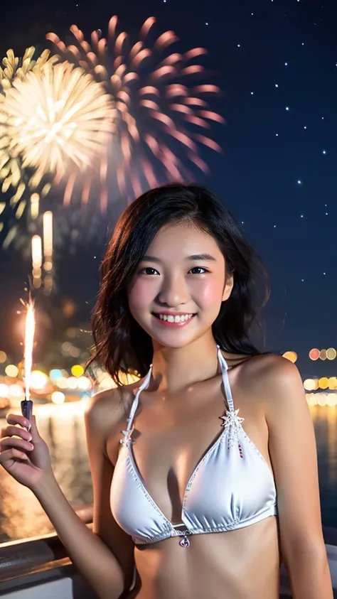 Night Coast、A big fireworks display in the background、Star Mine、A sparkling smile、1girl、(((Plain white micro bikini)))、14 years old;beautiful girl、(Black Hair)、