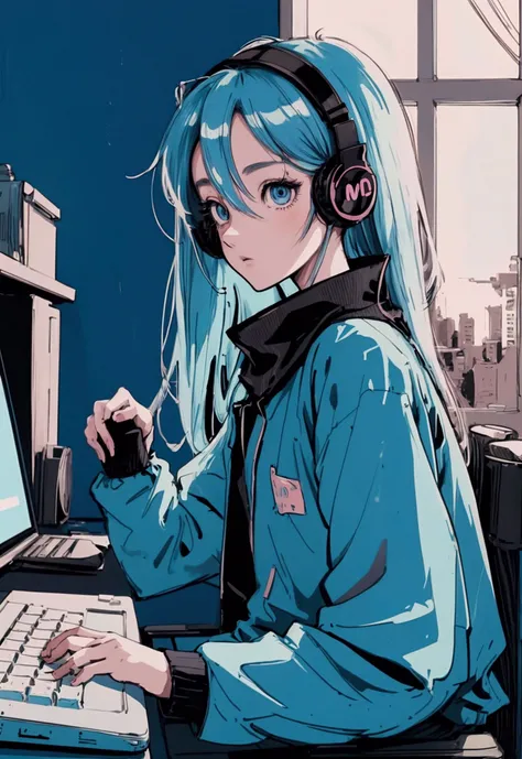 2D illustration, anime, Manga style ,lofistudy,lofi , One girl, From the side, typing, blue head, blue eyes, Chair, computer, Headphones, indoor, keyboard, Laptop, monitor, computer, curtain, night, window, Spanish Background