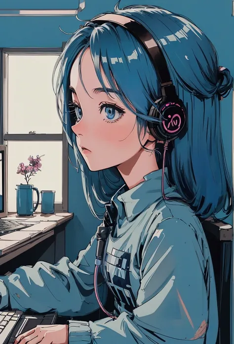 2D illustration, anime, Manga style ,lofistudy,lofi , One girl, From the side, typing, blue head, blue eyes, Chair, computer, Headphones, indoor, keyboard, Laptop, monitor, computer, curtain, night, window, Spanish Background