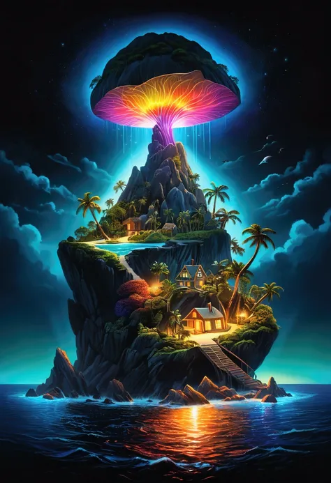 Stunning illustration of (Mysterious Island), glowing in the dark with colorful multicolor light, centered on a black background, in the style of pop surrealist artist, fine art, award-winning, cinematic still, emotional, vignette, dynamic, vivid, (masterp...