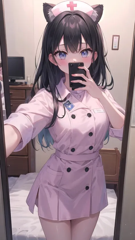 (8k, best quality, master piece: 1.2),super high resolution,1 girl, 独奏, cowboy shot ,ultra-detailed face, Selfie、Reflection in the mirror、Nurse uniform、white、slit、semi-long、Black Hair、Buckshot、Private room、bed、