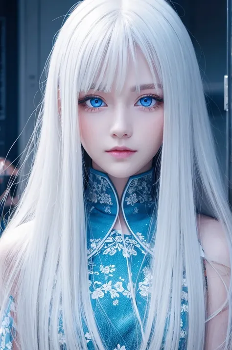 Long white hair、woman、blue eyes、An illustration